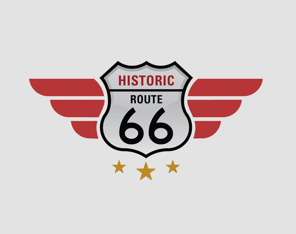 Cover-Alls Route 66 decals featuring a shield design, akin to a car hood ornament, with wings, the number 66, and two stars, all in black, red, and white colors.