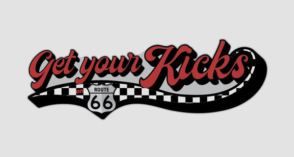 Logo featuring the text "Get Your Kicks on Route 66" with a racing flag pattern and a curved ribbon design incorporating elements of a car hood ornament in black, white, and red for Cover-Alls Route 66 decals.