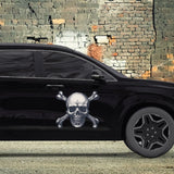 Black SUV with a Cover-Alls Skull & Crossbone Decal on the door parked beside a weathered brick wall.