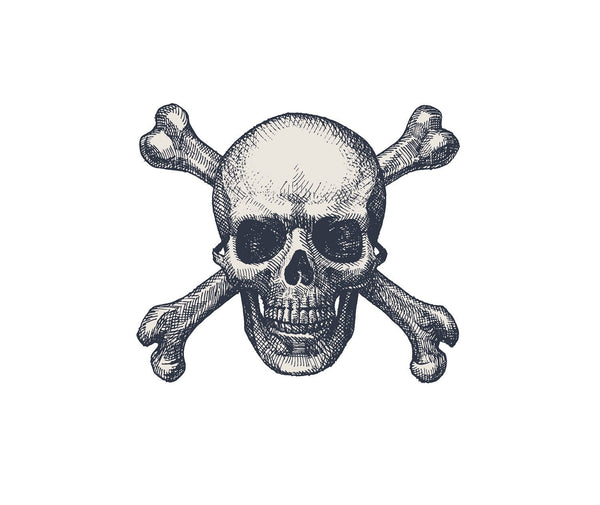 A detailed black and white illustration of a Jolly Roger with crossbones behind it, depicted in a vintage engraving style featuring Cover-Alls Skull & Crossbone Decals.