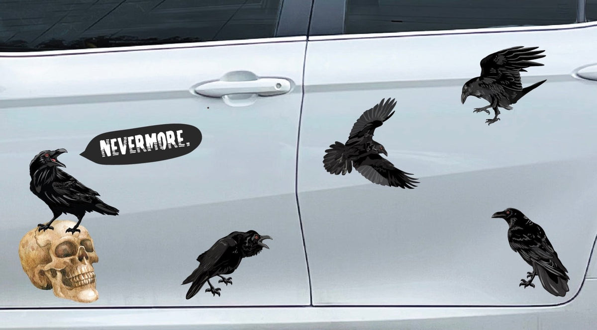 Car door adorned with various raven and skull stickers; one life-sized Cover-Alls skull decal contains the word "nevermore.