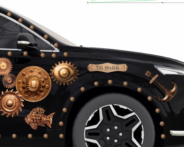 Side view of a black car decorated with Cover-Alls Steampunk Anchor Decal, brass gears, cogs, and an airship anchor, with a plaque reading "The Walkers".