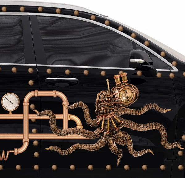 Cover-Alls Steampunk Octopus Decal with metallic and copper details attached to the side of a glossy black car, featuring rivets and pipes.