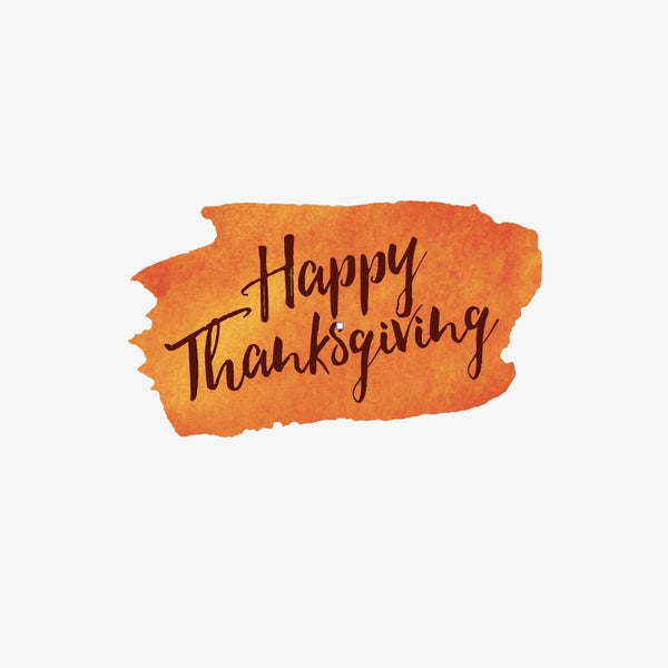Watercolor splash in orange with 'happy thanksgiving' written in cursive script, perfect as Thanksgiving decorations using Cover-Alls' Thanksgiving Cornucopia Decals.