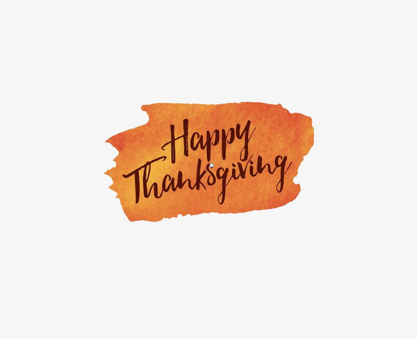 Watercolor splash in orange with 'happy thanksgiving' written in cursive script, perfect as Thanksgiving decorations using Cover-Alls' Thanksgiving Cornucopia Decals.