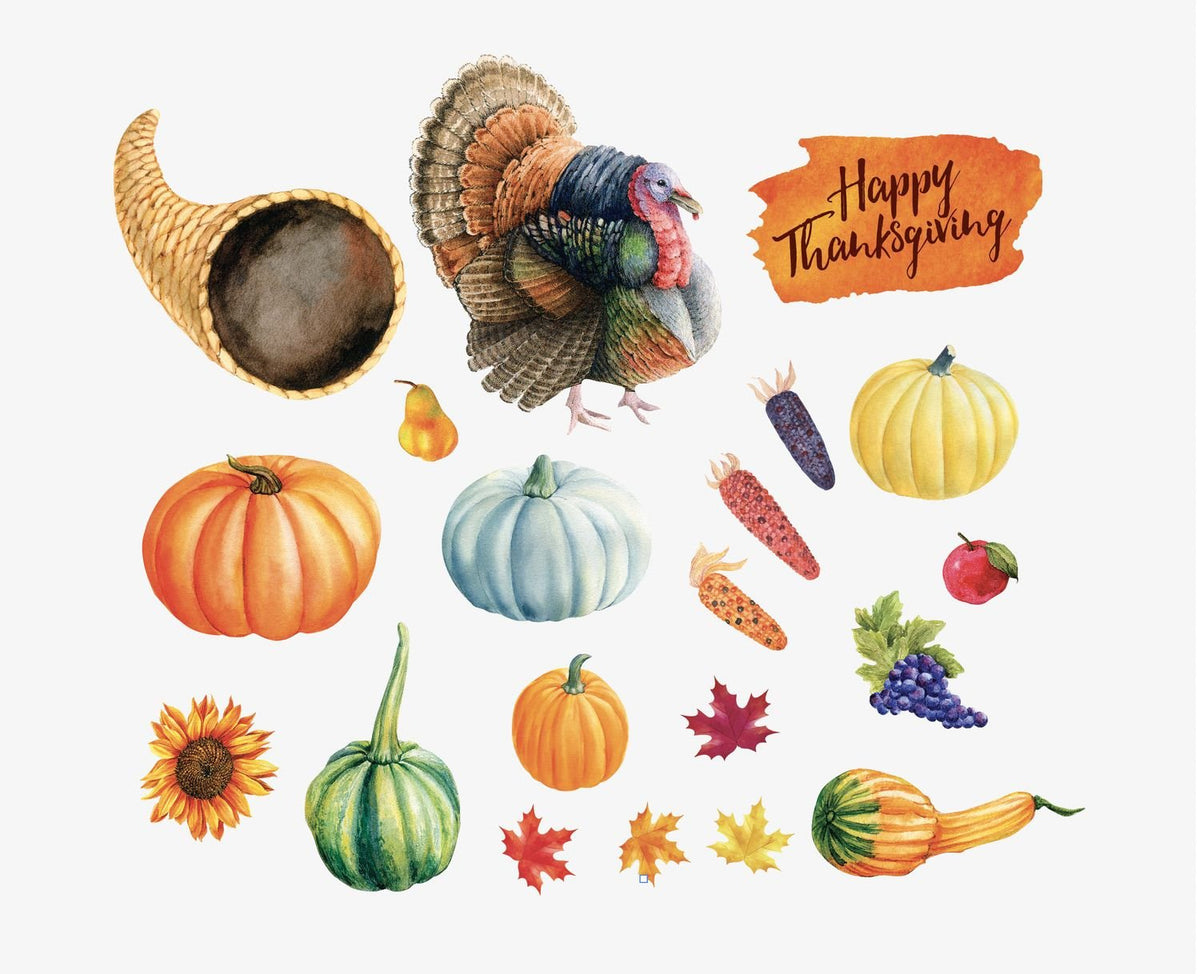 Assorted watercolor illustrations featuring Cover-Alls Thanksgiving Cornucopia Decals, including a turkey feast, pumpkins, cornucopia, vegetables, fruits, and autumn leaves.