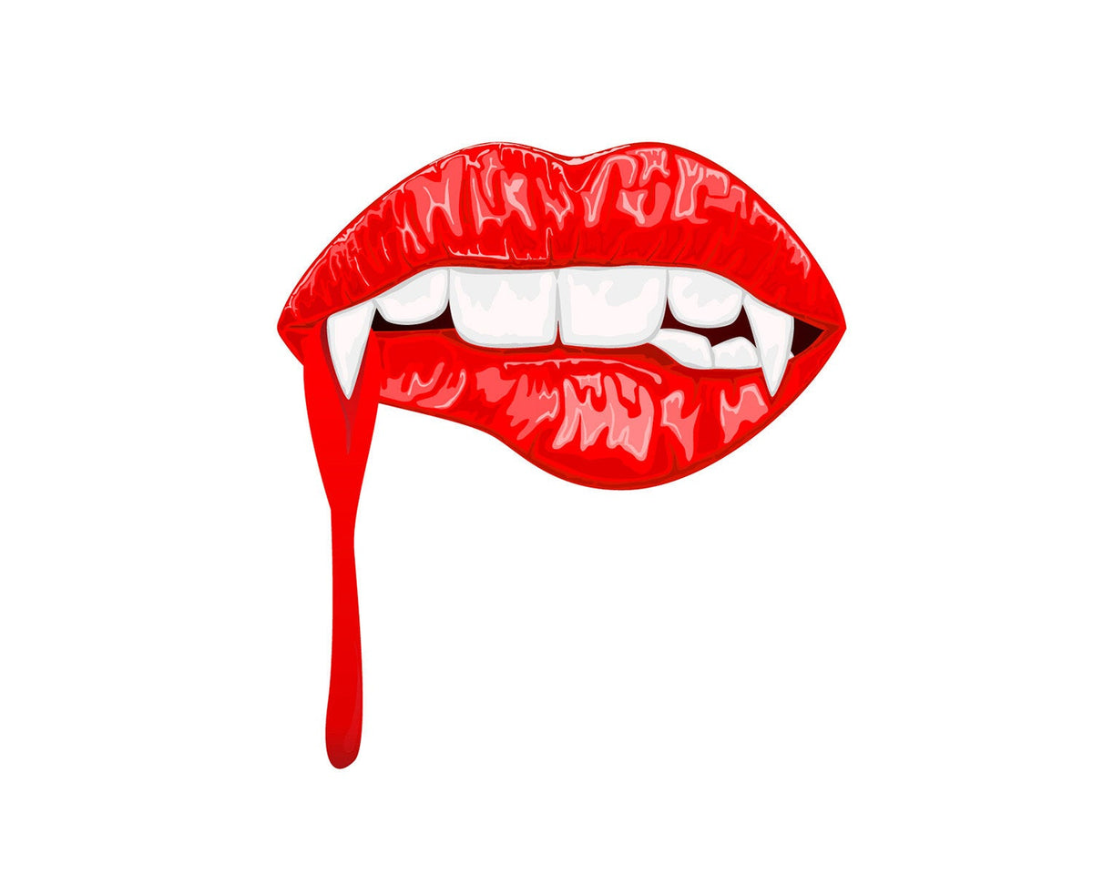 A Halloween themed red Vampire Lip Decal with dripping blood on a white background.