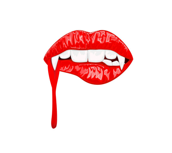 Vampire Lip Decals parted to reveal white teeth, with a drip of red liquid flowing down from the lower lip, isolated on a white background.