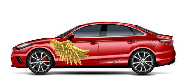 Red sedan with a large Cover-Alls Gold Wing Decal attached to its right side, displayed on a white background.