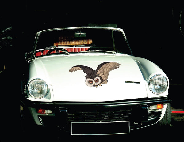A white vintage car with a Cover-Alls Woodblock Owl graphic on the hood parked in a shadowy area, featuring round headlights and a red interior.
