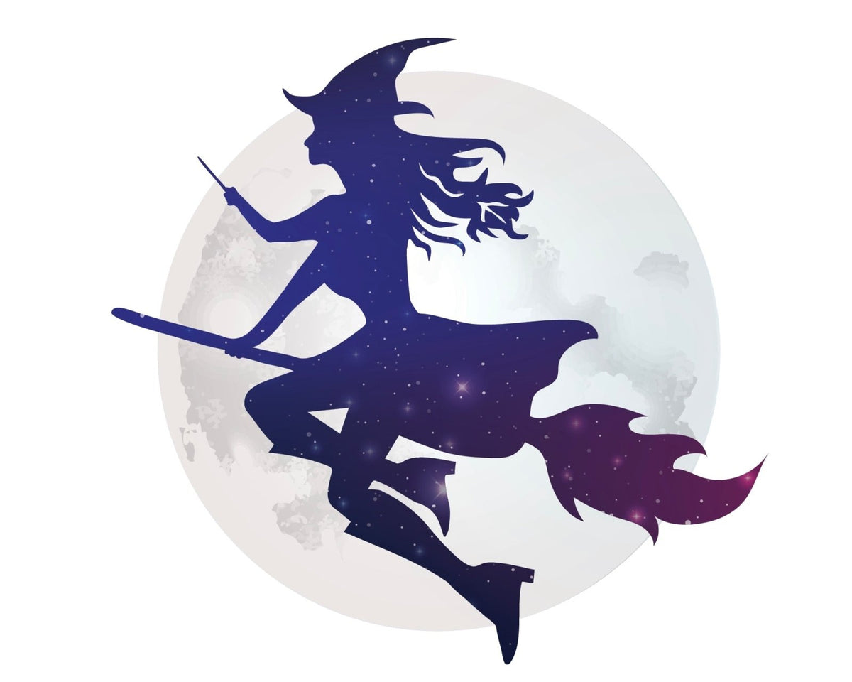 A Halloween themed decal featuring a silhouette of a Young Witch on Broomstick flying.