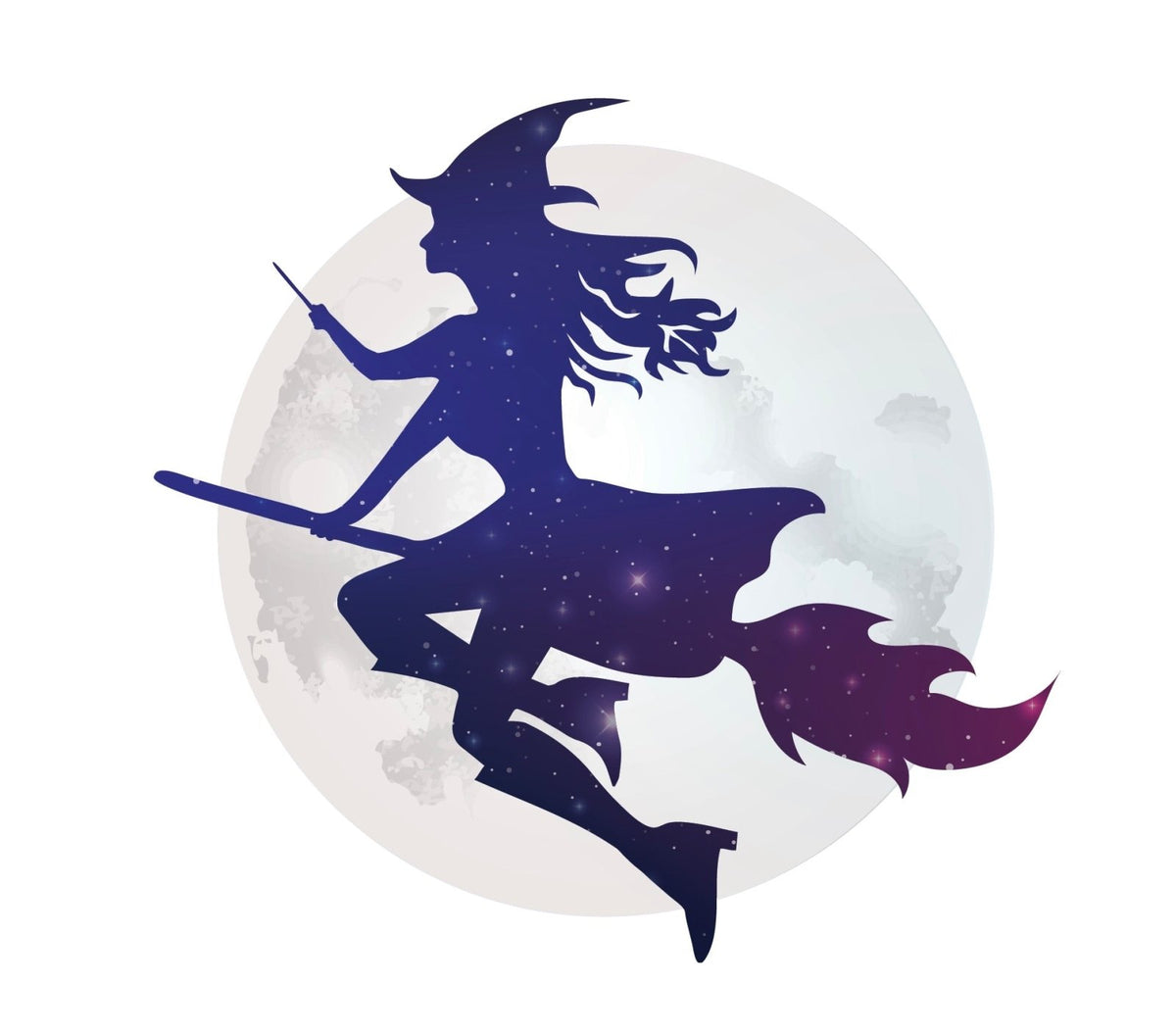 Silhouette of a Young Witch on Broomstick flying against a full moon with a starry, cloud-speckled background by Cover-Alls.