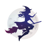 A Halloween-themed decal featuring a silhouette of a person flying on a Young Witch broomstick.