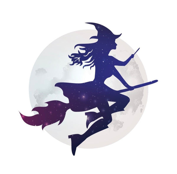 Silhouette of a Cover-Alls young witch flying on a broomstick against a full moon with a starry sky effect.